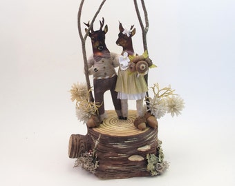 READY TO SHIP Vintage Inspired Spun Cotton Woodland Deer Wedding Cake Topper Figure Ooak