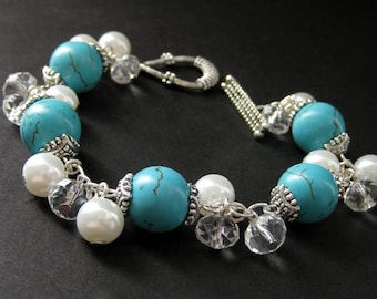 Turquoise Howlite Charm Bracelet with White Pearl, Crystal and Silver. Handmade Jewelry by Gilliauna