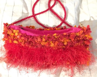 Red party purse, pink shoulder bag, orange yellow boho bag, womens handbag, small purse, red glass beads, golden keyrings clasps, gift purse