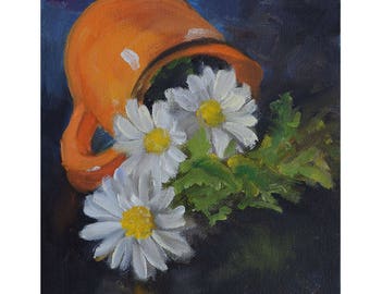 Small 6x6 Floral Still Life Painting Daisies Spilled Out Of Orange Pitcher,Original Oil Painting on Canvas by Cheri Wollenberg