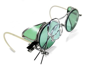 Steampunk Goggles Antique AMERICAN OPTICAL Steam Punk Glasses GREEN TiNT Lenses, Side Shields, Loupes, Burning Man Goggles - by edmdesigns
