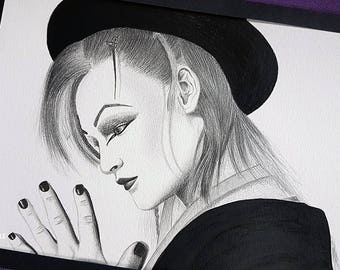 Portrait of Boy George, crayons, pencils 29.5x21cm