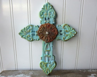 Rustic cast iron cross filigree faux verdigris rusty rhinestone wall hanging 8 inch metal cross aqua turquoise Christian farmhouse decor LA3