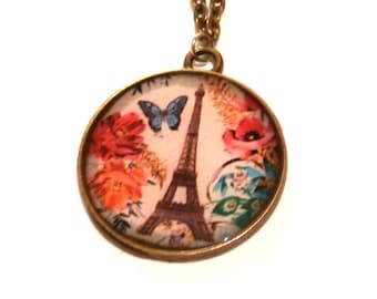 COLLIER TOUR EIFFEL, sautoir tour eiffel, bijoux tour eiffel, collier paris, fleurs, cabochon, résine, retro, vintage, Paris,romantique