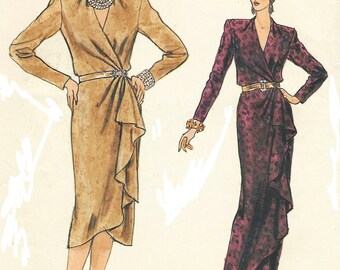 80s Womens Wrap Dress with Front Overlay Day or Evening Length Vogue Sewing Pattern 9078 Size 14 Bust 36 UnCut Vintage Sewing Pattern