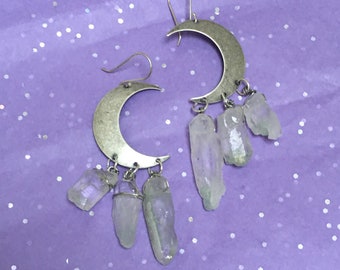 Fuschite Crystal Dangle Earrings - Silver Moon, Matte Silver, Goddess Jewelry