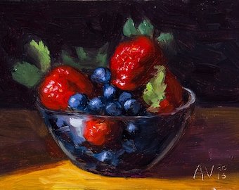 Berries in a Glass Bowl Kitchen Painting Still Life by Aleksey Vaynshteyn