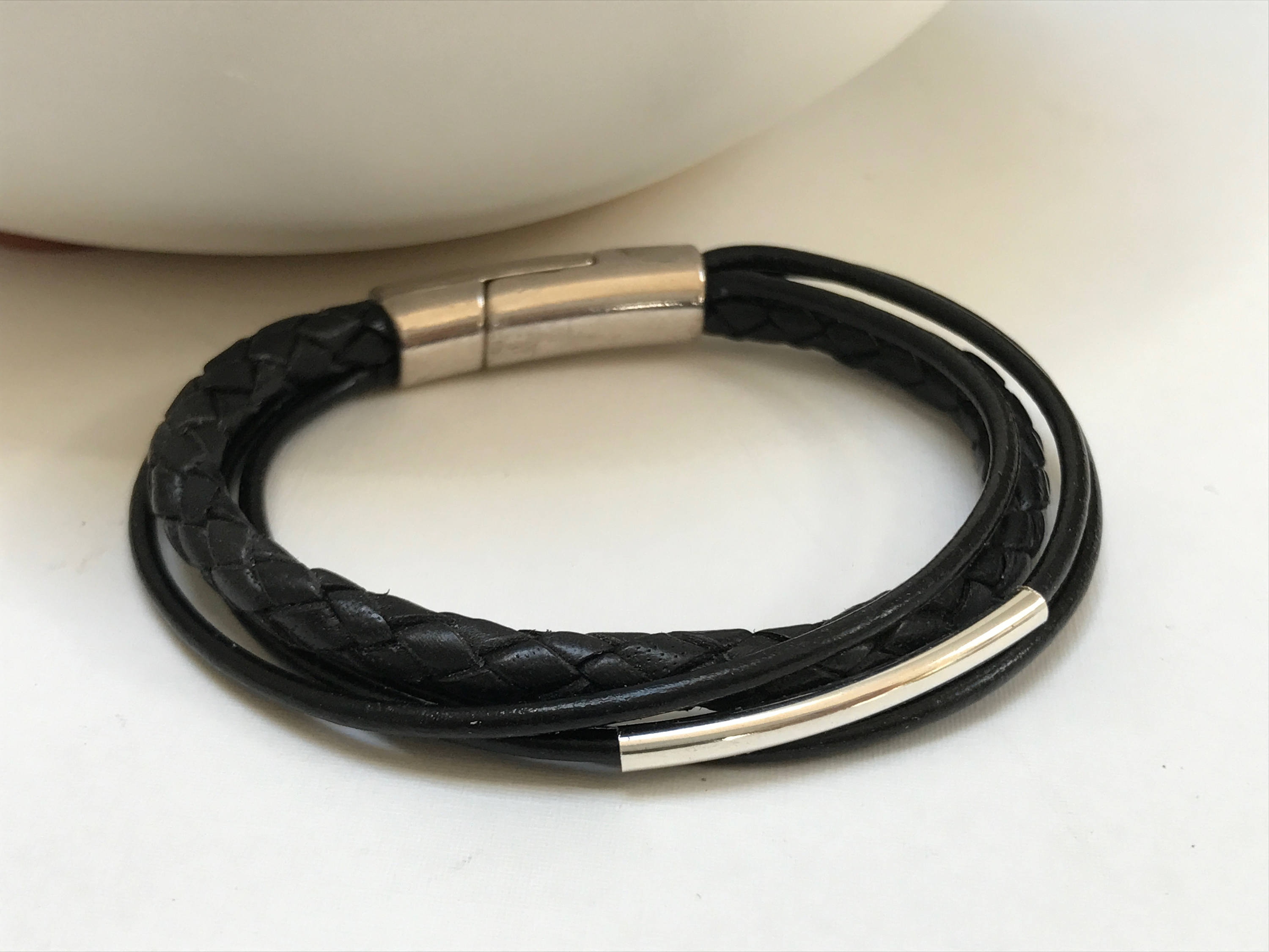 Black Multi Strand Leather Bracelet Antique Silver Magnetic