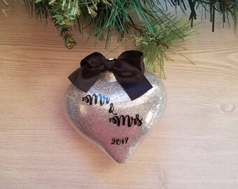 Mr. and Mrs. Ornament - Wedding Ornament - First Wedding Ornament - Personalized Wedding Gift - Just Married Gift - Heart Ornament