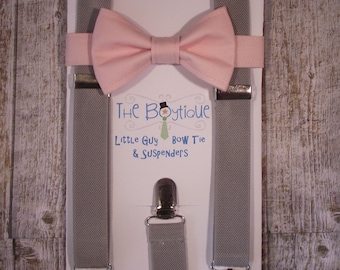 Blush Bow Tie, Light Grey Suspenders, Adult Suspender, Toddler Suspenders, Baby, Kids, Boys, Mens, Ring Bearer Gift, Pale , Soft, Light Pink