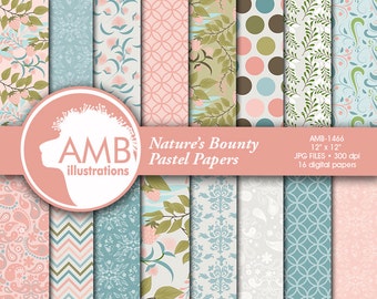 Botanical Digital Paper, Floral Digital Papers, Shabby Chic Floral, Pastel Floral Pattern, Raspberry Scrapbook Paper, AMB-1466