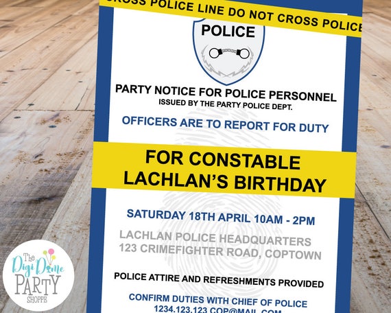 Police Party Printable Invitation Template 5x7in Blue and