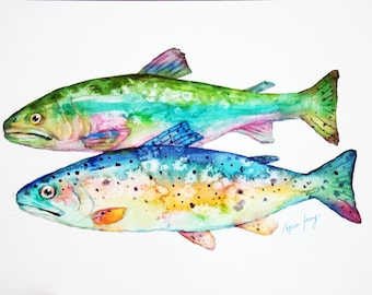 Trout Original Watercolor Painting, Whimsical Fish Art, Rainbow Trout Watercolor Illustration, Modern Animal Art, Gift For Dad, Colorful Art
