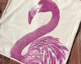 Pink Flamingo - Hand Printed Flour Sack Kitchen Towel (Unbleached Cotton)