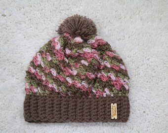 Women's Pink Camo Crochet Slouch Hat, Crochet Hat, Ready To Ship