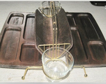 Folding Snack and Drinks Caddy Mid-Century Modern wood, glass and metal cheese tray
