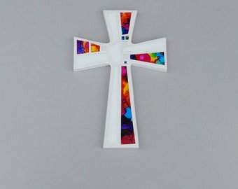 Mosaic Wall Cross, White with Hand Painted Abstract Rainbow Glass, Handmade Stained Glass Mosaic Cross Wall Decor, 12" x 8"