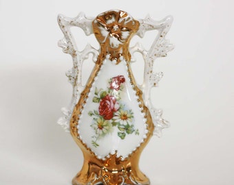Vintage Shabby Chic Porcelain Bud Vase with Floral Design and Gold Accents