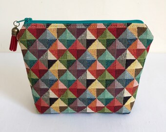 Cosmetic Bag, Makeup Bag, Zipper Pouch, Tapestry Makeup Bag, Geometric, Triangles, Tapestry