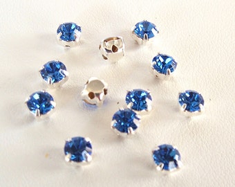 Set of 12 Sapphire Swarovski 4.6mm Chaton Montees,1028 Sew On Rhinestones, SS19, Silver Plated Settings, Swarovski Sew On Chatons