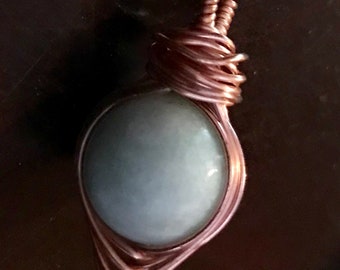 Jade and Copper Herringbone Wire Wrapped Pendant