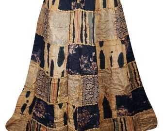 Womens Elastic Waist Cotton Patchwork Skirt Vintage Indian Style Handmade A-Line Long Skirts
