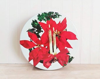 Vintage Christmas Tin Box Poinsettia and Candles Mid Century Christmas Tin Cookie Tin Candy Tin Fruitcake Tin Sewing Box Vintage Gift Box