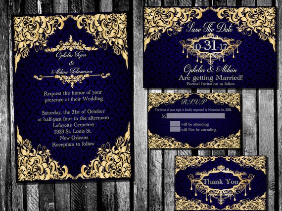 Elegant Royal Blue and Gold Wedding Invitation Save the Date