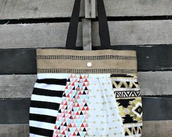 Scrappy Pleated Tote Bag, Everyday Purse, Tribal, Arrows, Metallic, Aztec