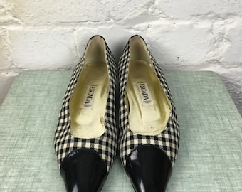 Vintage ESCADA - 1980's Womens Designer Black Patent Leather, Black/White Gingham, Flat Slip On Shoe. Made in Italy. UK Size 4