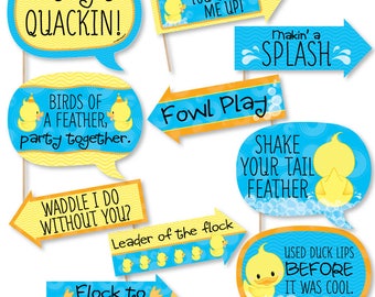 Funny Ducky Duck - Baby Shower Photo Booth Props - Rubber Ducky - Birthday Party Photo Booth Prop Kit - 10 Props & Dowels
