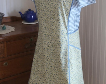 Blue and Natural Calico Vintage Inspired Apron - Ready to Ship- No Ties Criss Cross Back Old-Fashioned