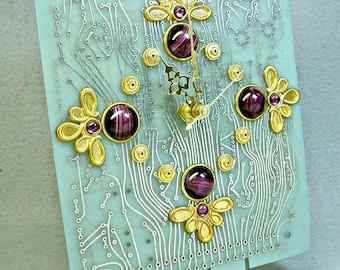 RECYCLED Aqua Blue CIRCUIT BOARD Clock Geek Techie Purple Glass Stones