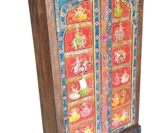 Antique Indian Armoire Hand painted Ganesha Bohemian Decor Cabinet Wardrobe Unique Red Blue Colorful Country Chic Decor
