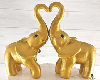 Elephant Love Wedding Cake Topper - Golden Standing forming a heart