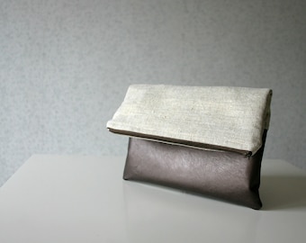 Linen and Leather Foldover Clutch Purse Gold Metallic Bronze