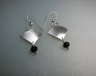 Brushed Sterling Silver Dangle Earrings with Black Crystal