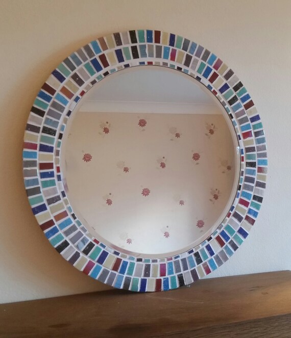 Large Round Mosaic Wall Mirror MultiColoured 40cm Bathroom
