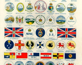 WORLD FLAGS PRINT 1950s 2407 illustrations lithograph paper print ephemeral upcycle recycle ephemera old mid century