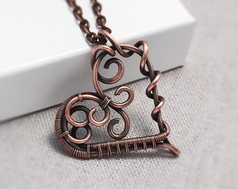 Copper Heart Necklace | Wire Wrapped Heart Pendant | 7th Wedding Anniversary Gift for Wife | Antiqued Copper Jewellery UK