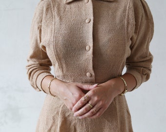 Vintage ivory color dress - collar dress - long sleeve dress - beige vintage dress - shirt waist dress - vintage work dress - early 70s