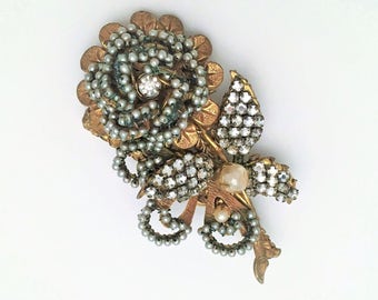 Vintage Signed Miriam Haskell Rose Brooch, Gold Metal with Clear Rhinestones and Pearls, ca. 1950-1951