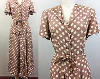 Vintage 30s 40s Café Au Lait Polkadot Belted Silk Dress 1940s S/M