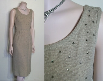 Ravishing 1950s woven wiggle dress studded w/rhinestones waist 24"