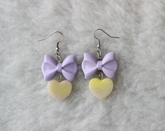Purple and Yellow Bow Dangling Earrings