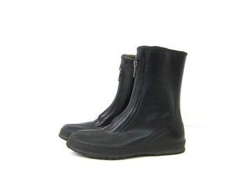 Vintage Black Rubber Rain Boots Black Rubber Waterproof Rainboots Tall Mid Calf Galoshes Over Shoe Rubbers With Zippers Men's Size 8