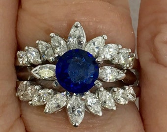 Vintage platinum diamond ceylon sapphire wedding set--marquises & rounds