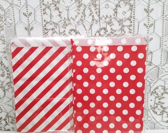 Red Treat Bags - Set of 25 - Red Stripe Treat Bags - Red Polka Dot Treat Bags - Paper Treat Bags - Party Favor