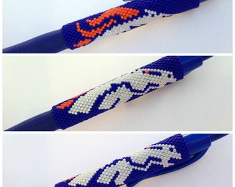 Pen Cover Pattern - Horse - Orange/Blue/White - Peyote Pattern