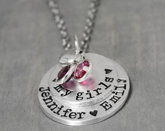 Mother Necklace, My Girls Necklace, Mommy Necklace, Hand Stamped Jewelry, Birthstone Necklace, Child Name Necklace, Mother Jewelry